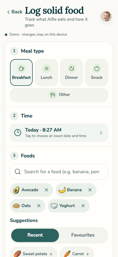 Chur solid food entry screen showing a sample meal with selected foods.